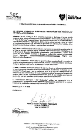 Comunicado No. 001 de Ser Regionales - Plaza de Girardot