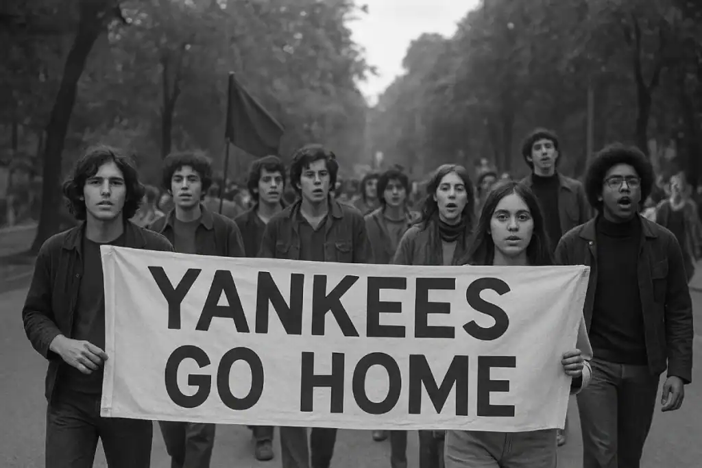 Jóvenes estudiantes marchando con pancarta 'Yankees go home' – años 70